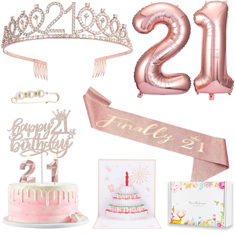 Awfrky 21st Birthday Gifts Decorations for Her  Including 21st Happy Birthday Cake Toppers  Birthday Queen Sash with Pearl Pin  Sweet Rhinestone Tiara Crown  Number Candles and Balloons Set  Rose Gold - Image 1